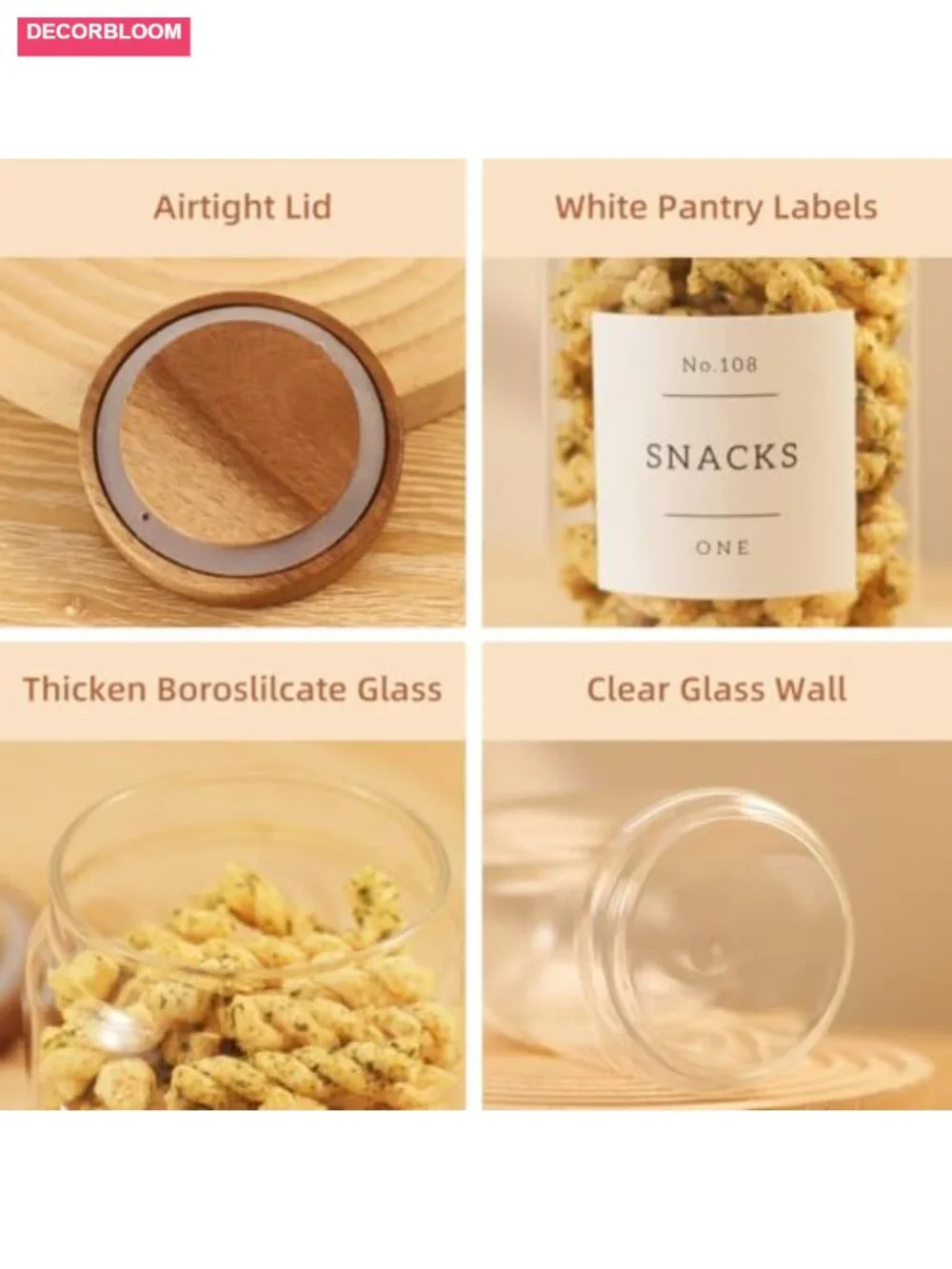 6 Pack Glass Canisters with Airtight Acacia Lids and 132 Pantry Labels, 24 oz